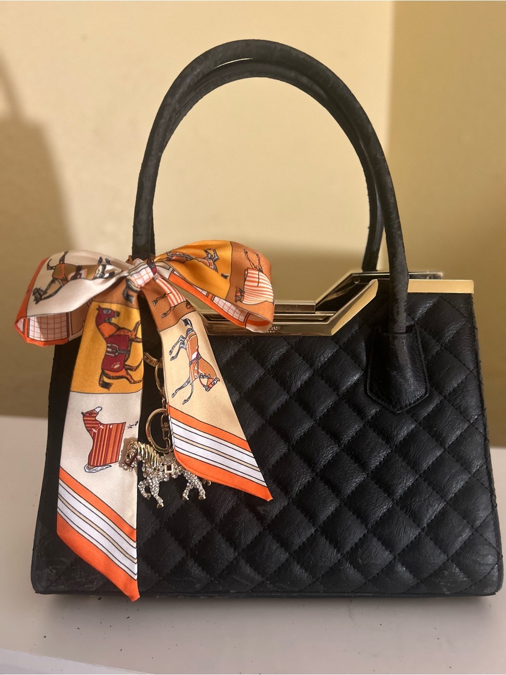 2 in 1 Designer Twilly Women Horse Equestrian Handbag Scarf White Orange Brown